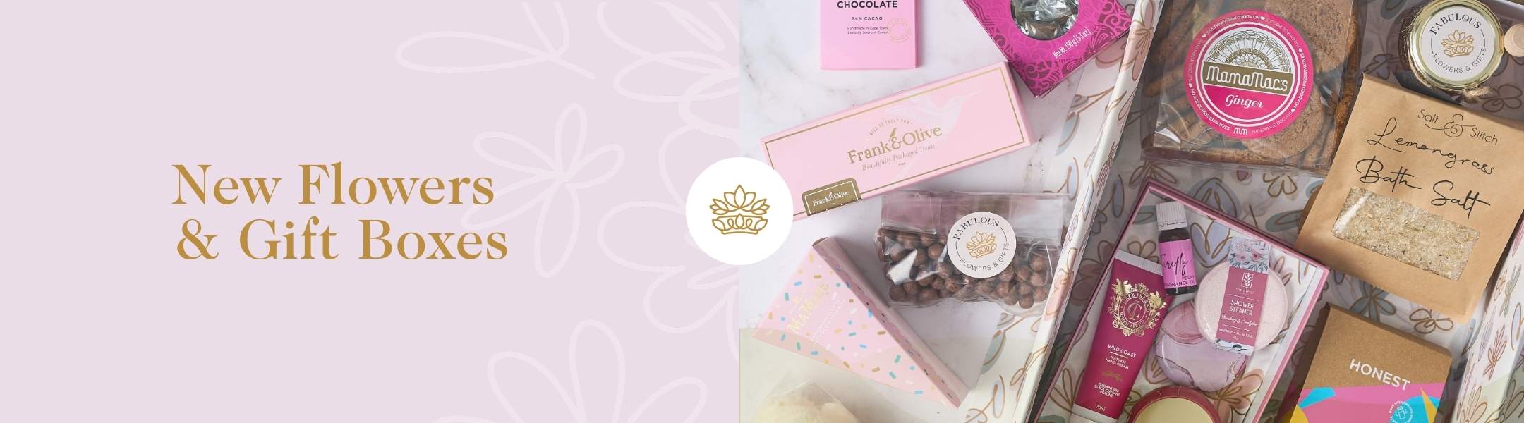 New Flowers & Gift Boxes featuring a variety of handpicked gifts including chocolates, bath salts, and premium flower arrangements.