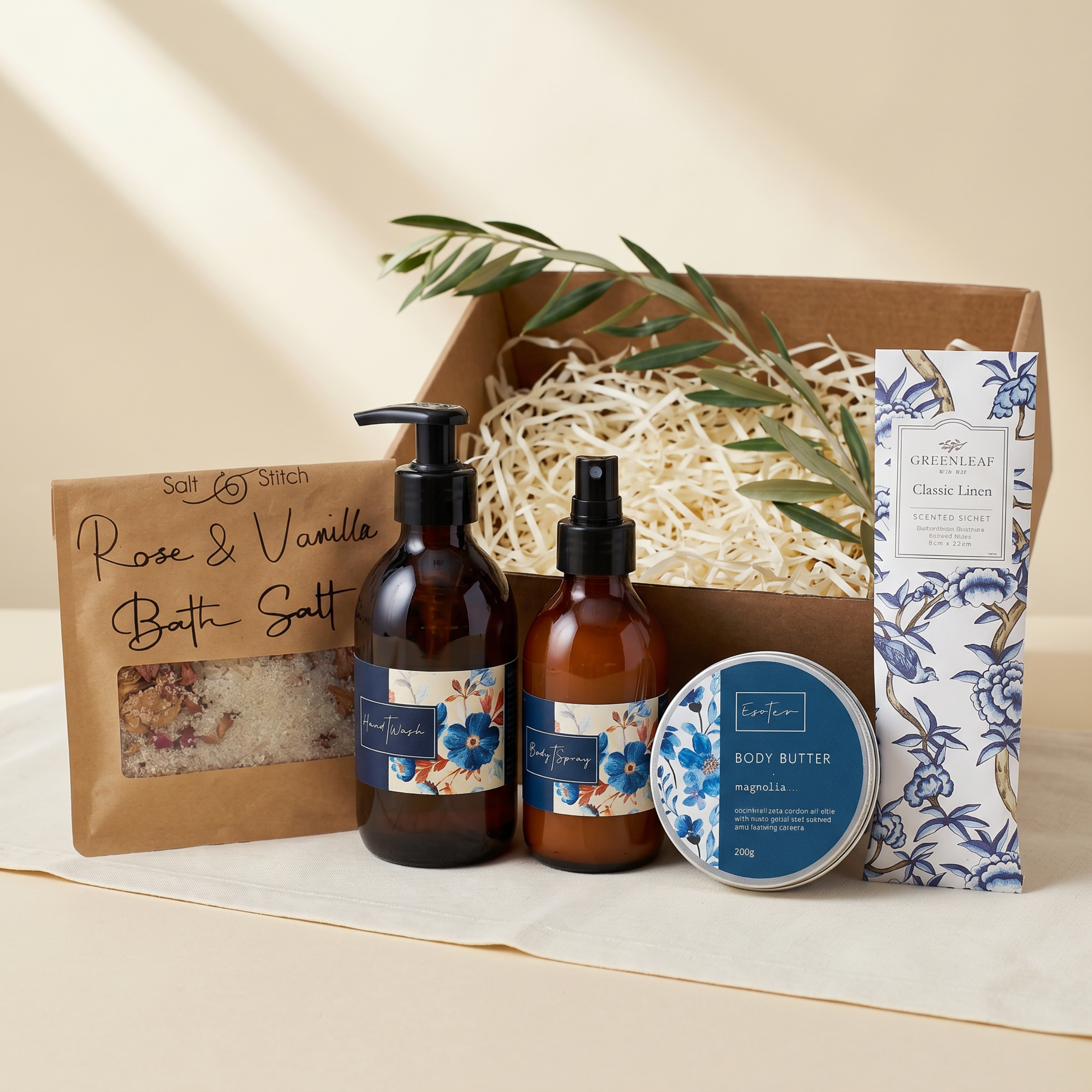 Opulent Oasis Gift Hamper open kraft box with Salt and Stitch rose and vanilla bath salt, magnolia hand wash, body spray, body butter and Greenleaf Classic Linen sachet