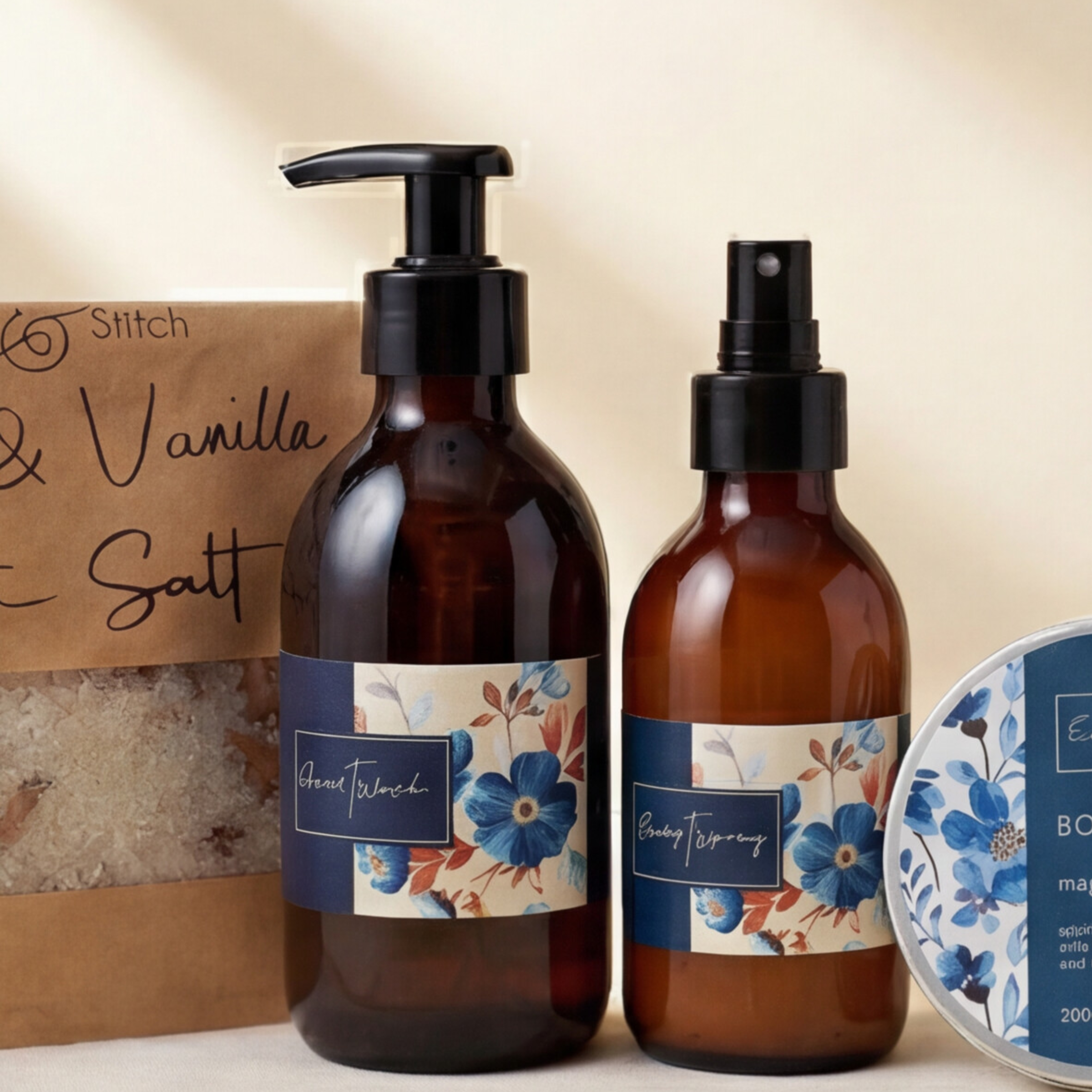 Magnolia hand wash and body spray amber bottles beside Salt and Stitch rose and vanilla bath salt in the Opulent Oasis Hamper