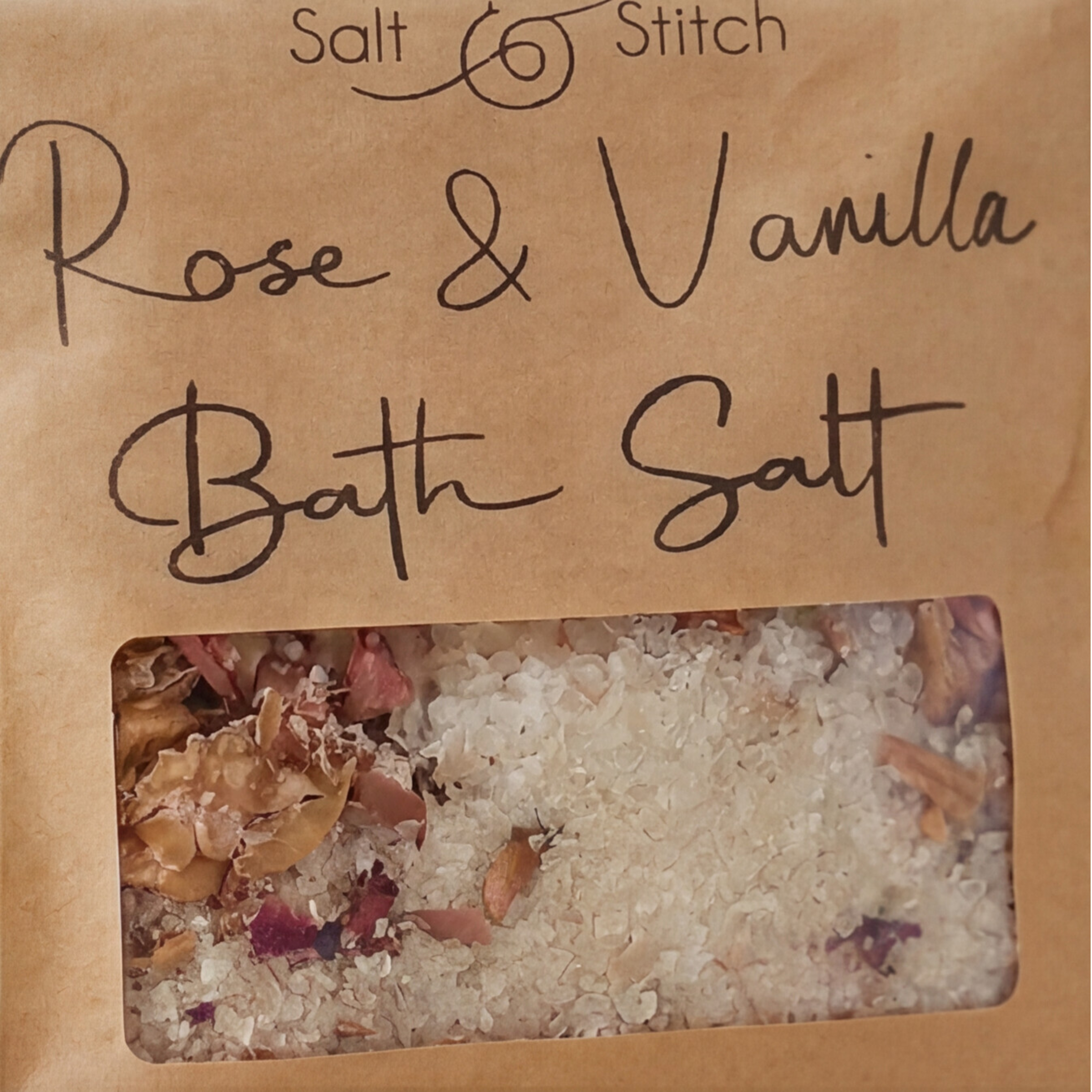 Salt and Stitch Rose and Vanilla Bath Salt with real rose petals in the Opulent Oasis Pamper Hamper