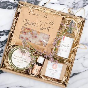 Himalayan Salt and Coconut Oil Scrub paired with Rose and Vanilla Bath Salt and fragrant scents make for a fabulous birthday gift for her - Fabulous Flowers