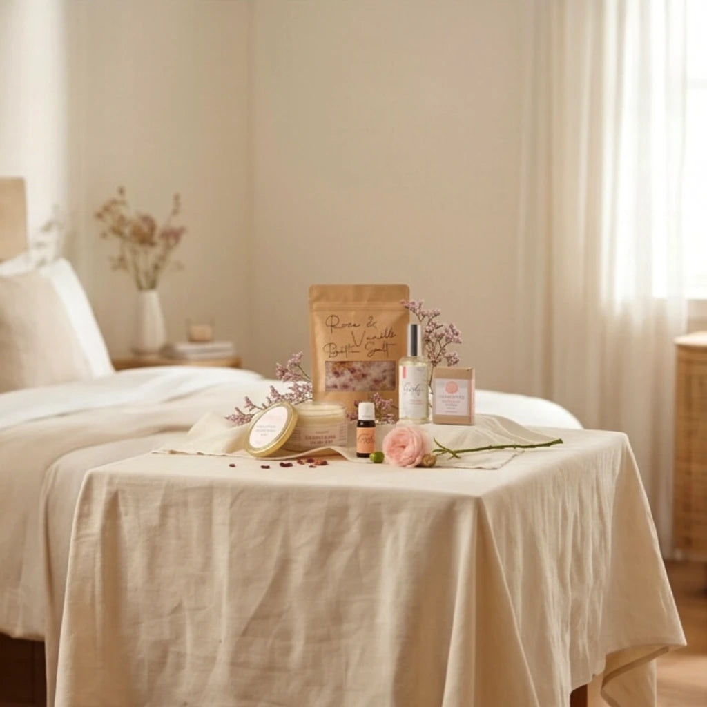 Pink Pamper gift hamper for her styled in a bedroom on a linen-draped table with bath salt, scrub, room spray and wax melts, Fabulous Flowers and Gifts