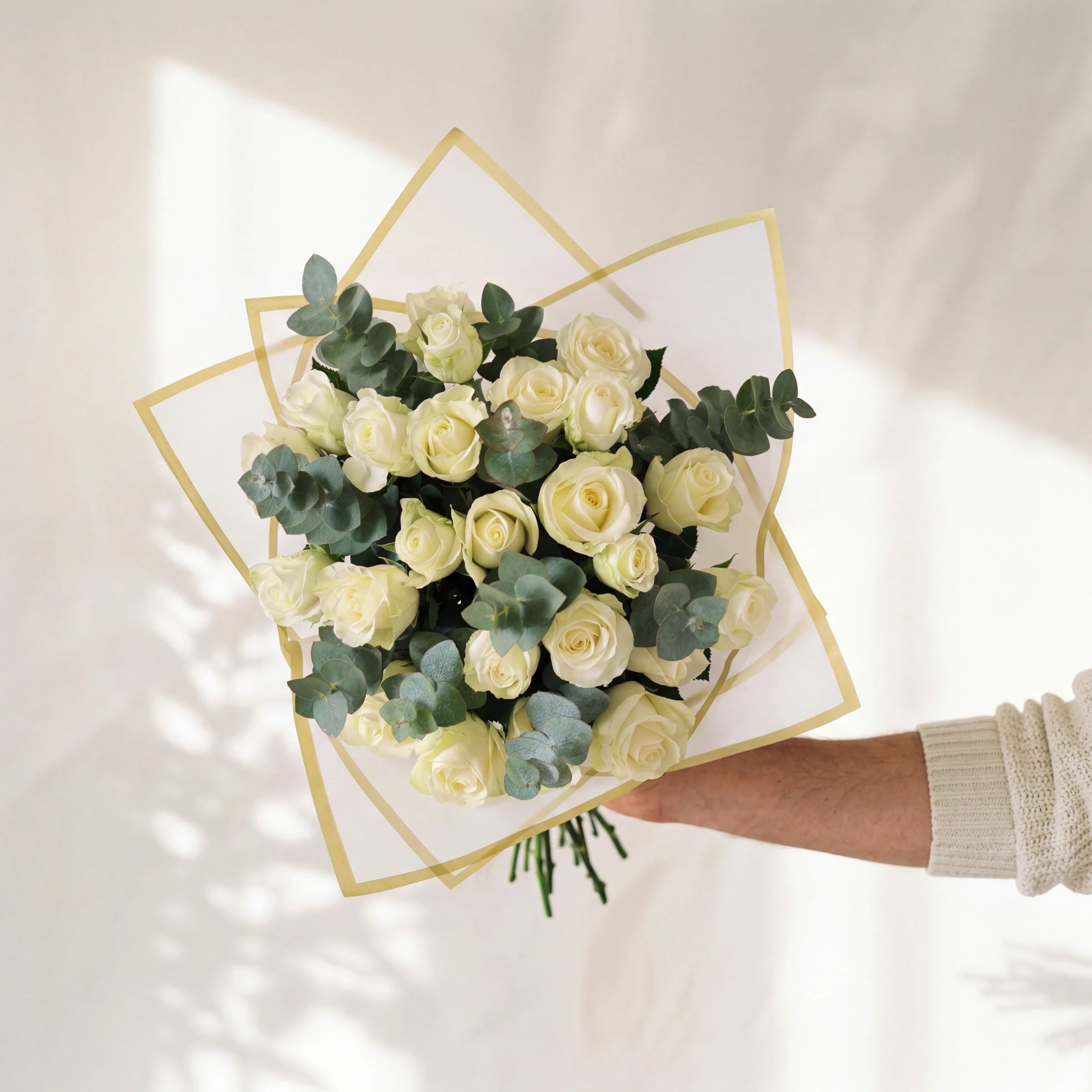 Pearl and Sage in the larger size, two dozen white roses with eucalyptus, same-day in Cape Town and Joburg
