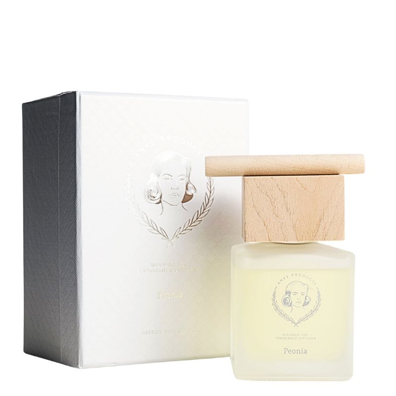 Perfume bottle with wooden cap and matching box on a white background