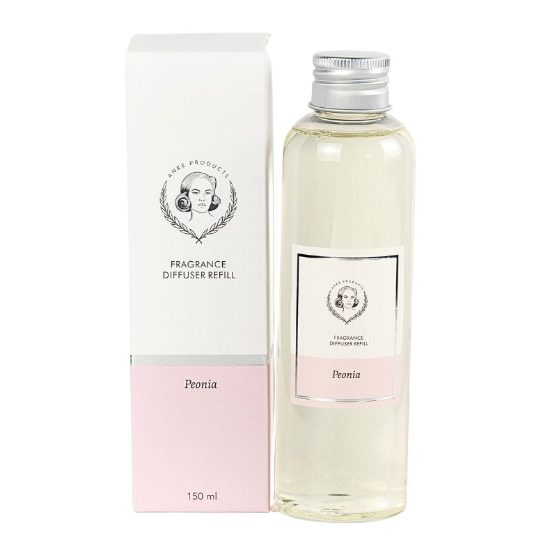 Fragrance diffuser refill bottle with packaging labeled 'Peonia' on a white background