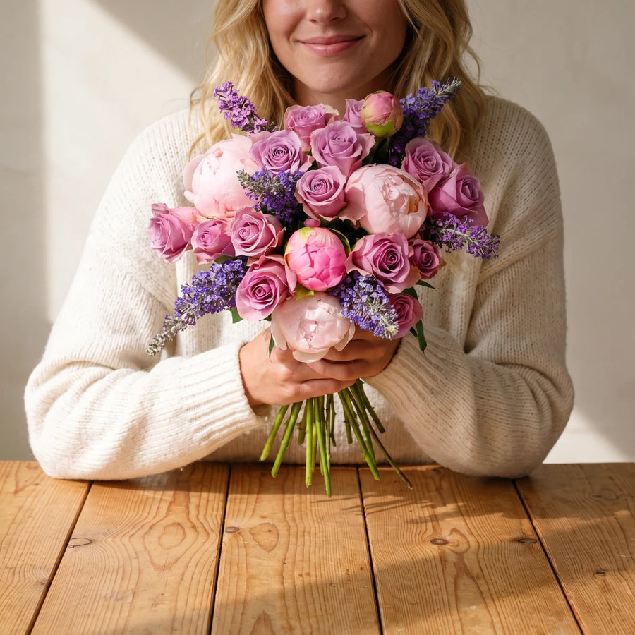 Woman with blonde hair in a cream jumper holding a bouquet of pink peonies, lilac roses and lavender