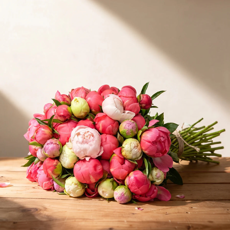 Large bouquet of coral, pink and blush peonies tied with string, lying on a wooden table in afternoon sun