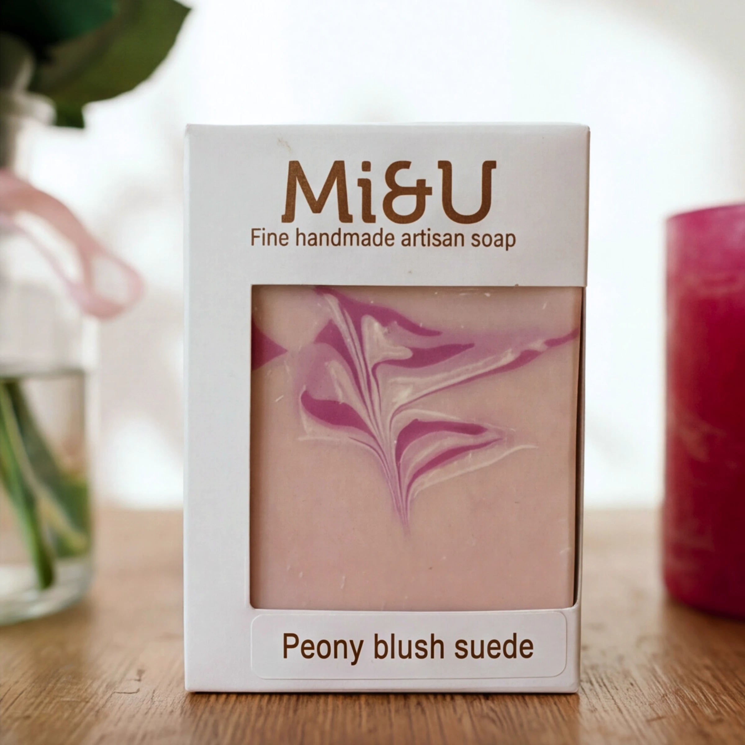 Close-up of the Mi&U Peony Blush Suede artisan soap in the Petal & Flame gift box