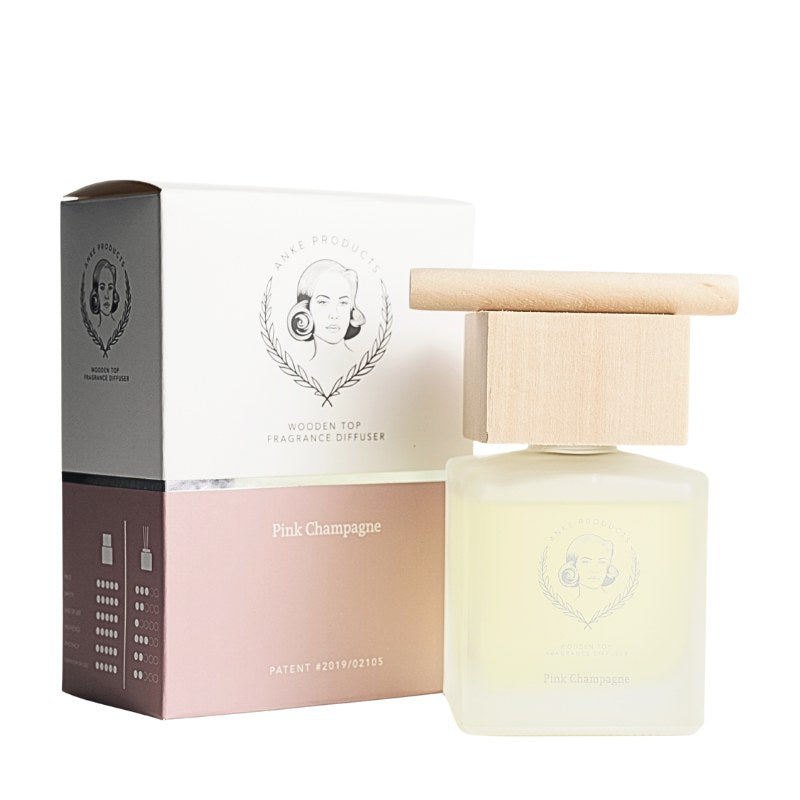Perfume bottle and packaging with 'Pink Champagne' text on a white background