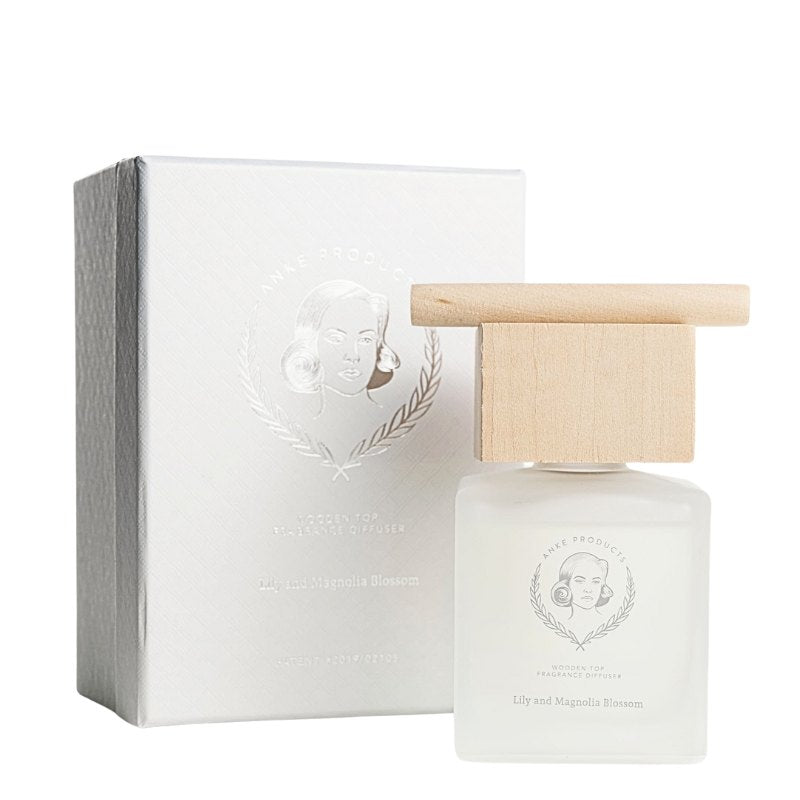 White diffuser bottle with wooden top and matching box on a white background