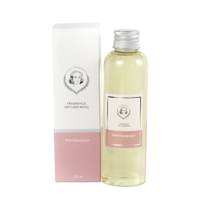 Fragrance diffuser refill bottle with packaging labeled 'Pink Champagne' on a white background