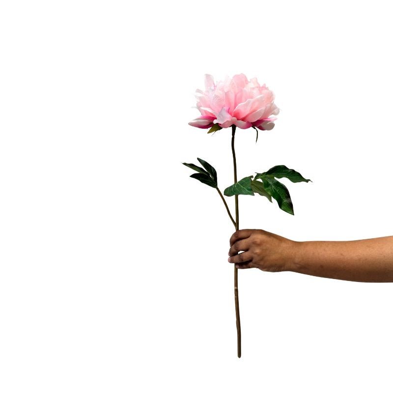 Hand holding a pink artificial flower against a white background