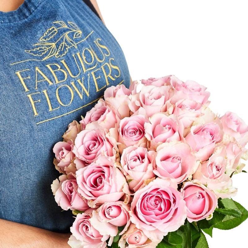 Close-up of the Pink Perfection pink rose bouquet, gift-wrapped