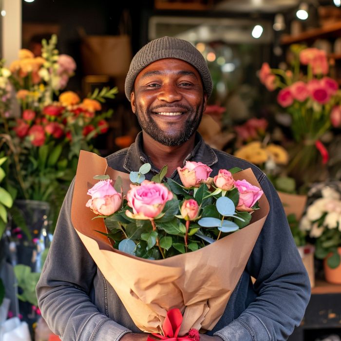 Man holding a bouquet of pink roses in a flower shop
