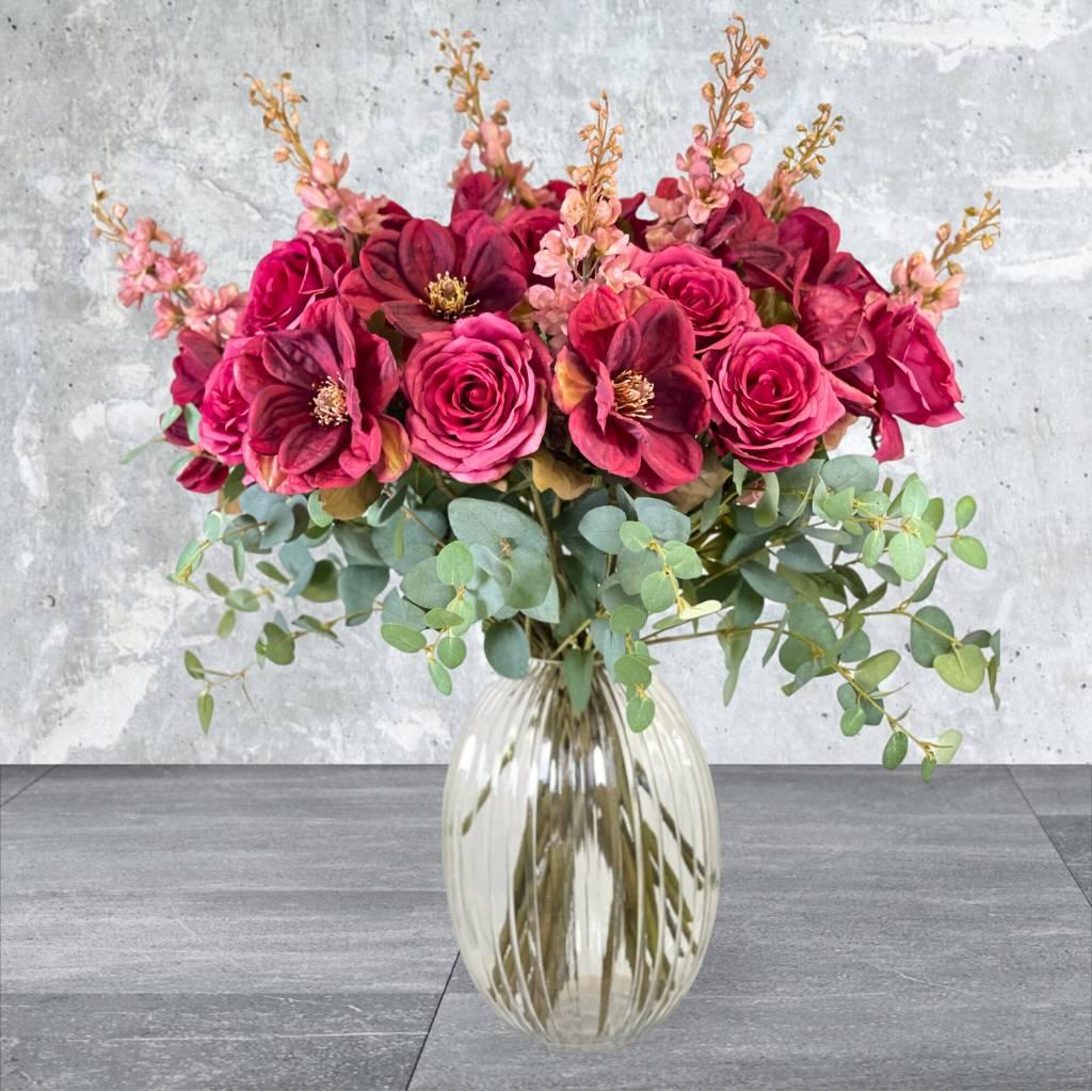 Elegant Burgundy Artificial Floral Arrangement in glass vase | Fabulous Flowers and Gifts