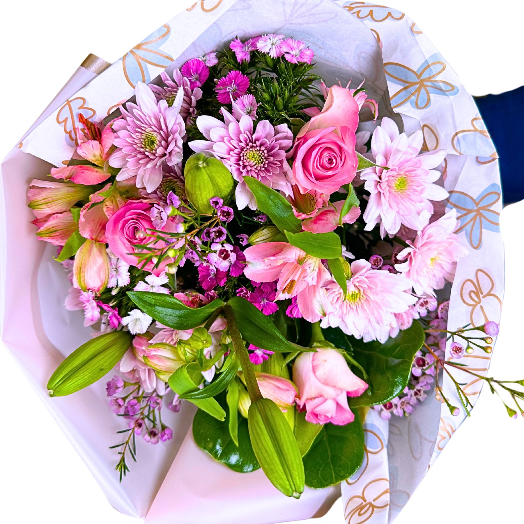 Bouquet of pink and green flowers in a decorative paper wrap.