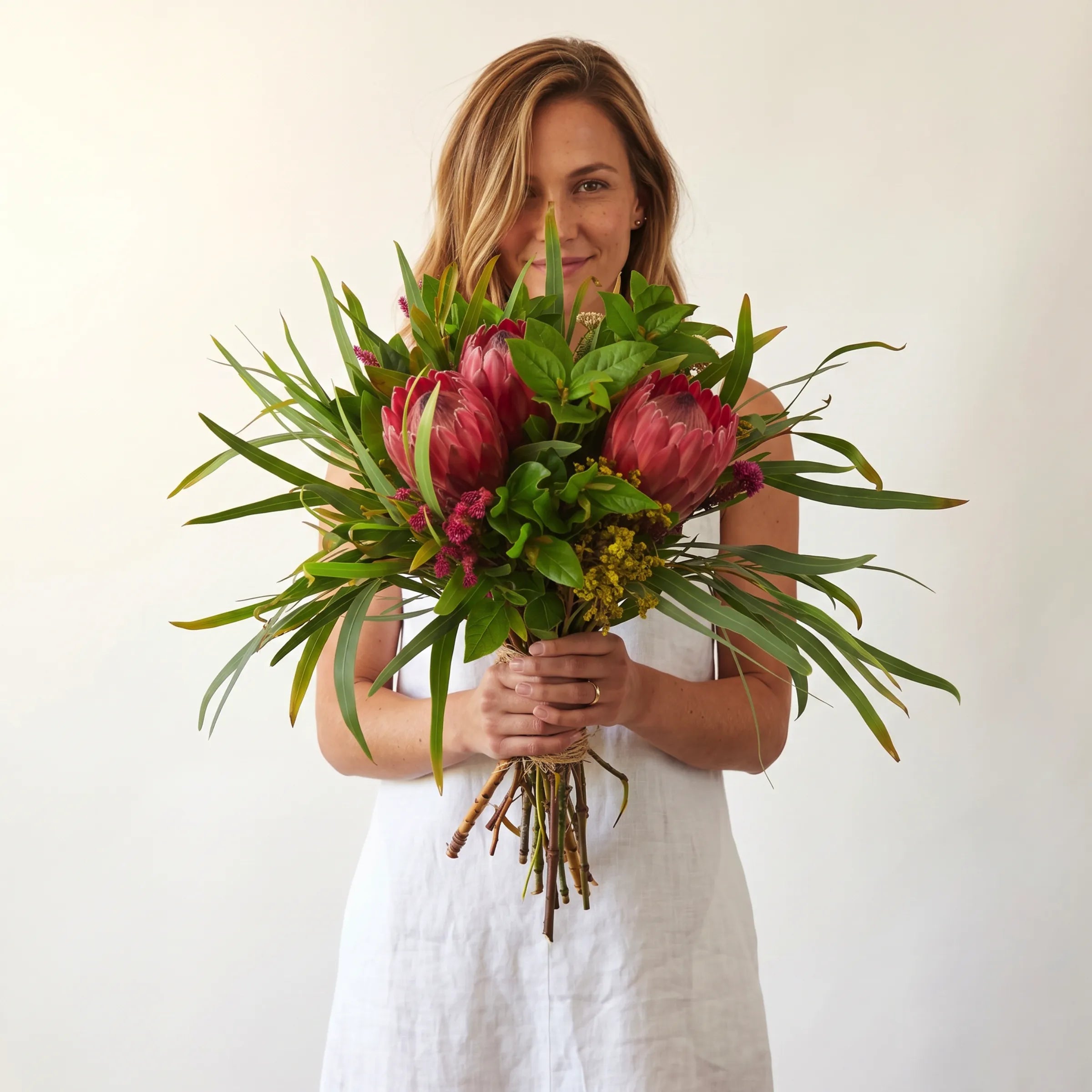Woman holding Protea Garden Flower Bouquet of three pink king proteas, long eucalyptus leaves, magenta celosia, yellow solidago and lush green foliage tied with raffia, locally grown South African fynbos blooms by Fabulous Flowers