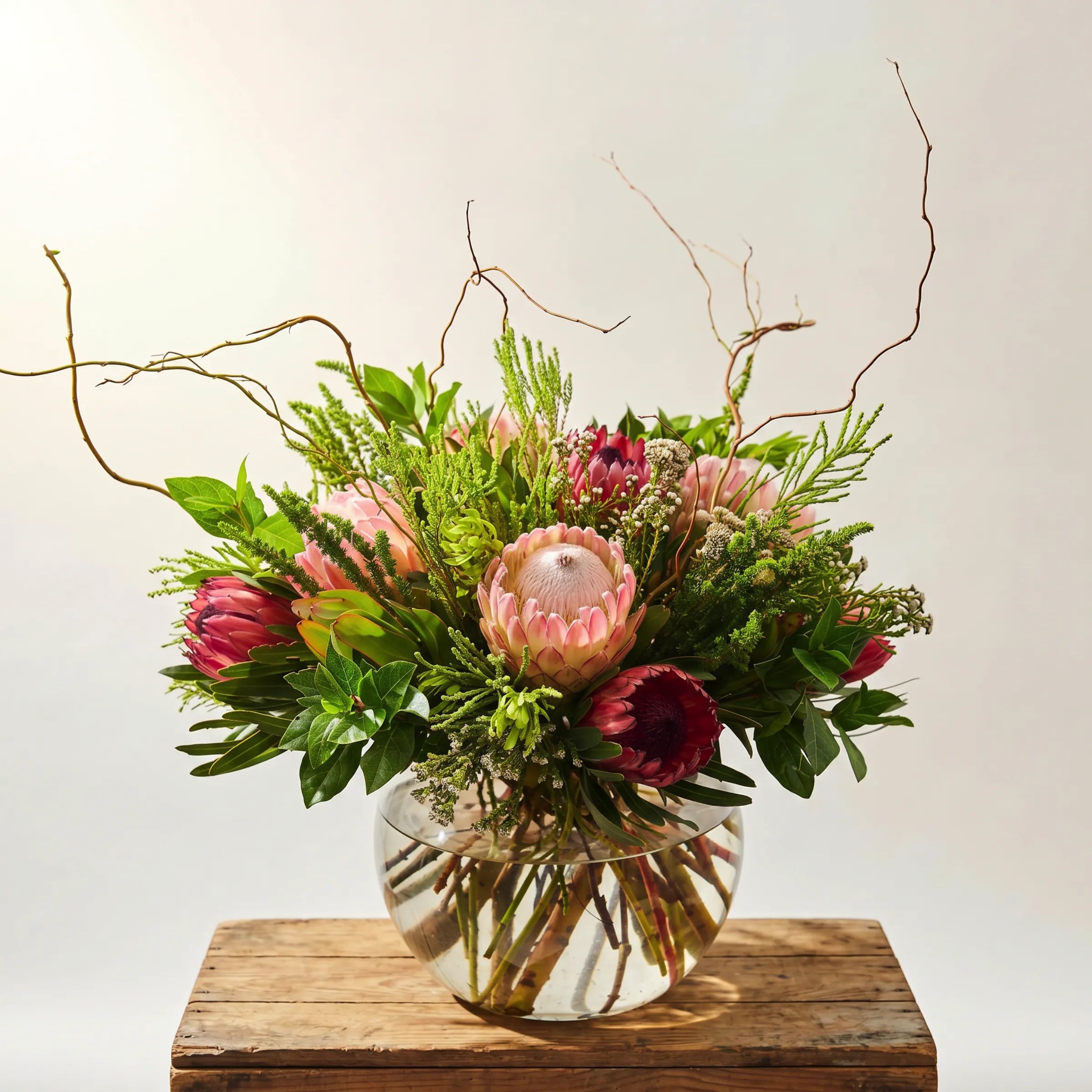 Protea vase arrangement in clear glass fishbowl with King Protea and Cape fynbos on a rustic pine plinth