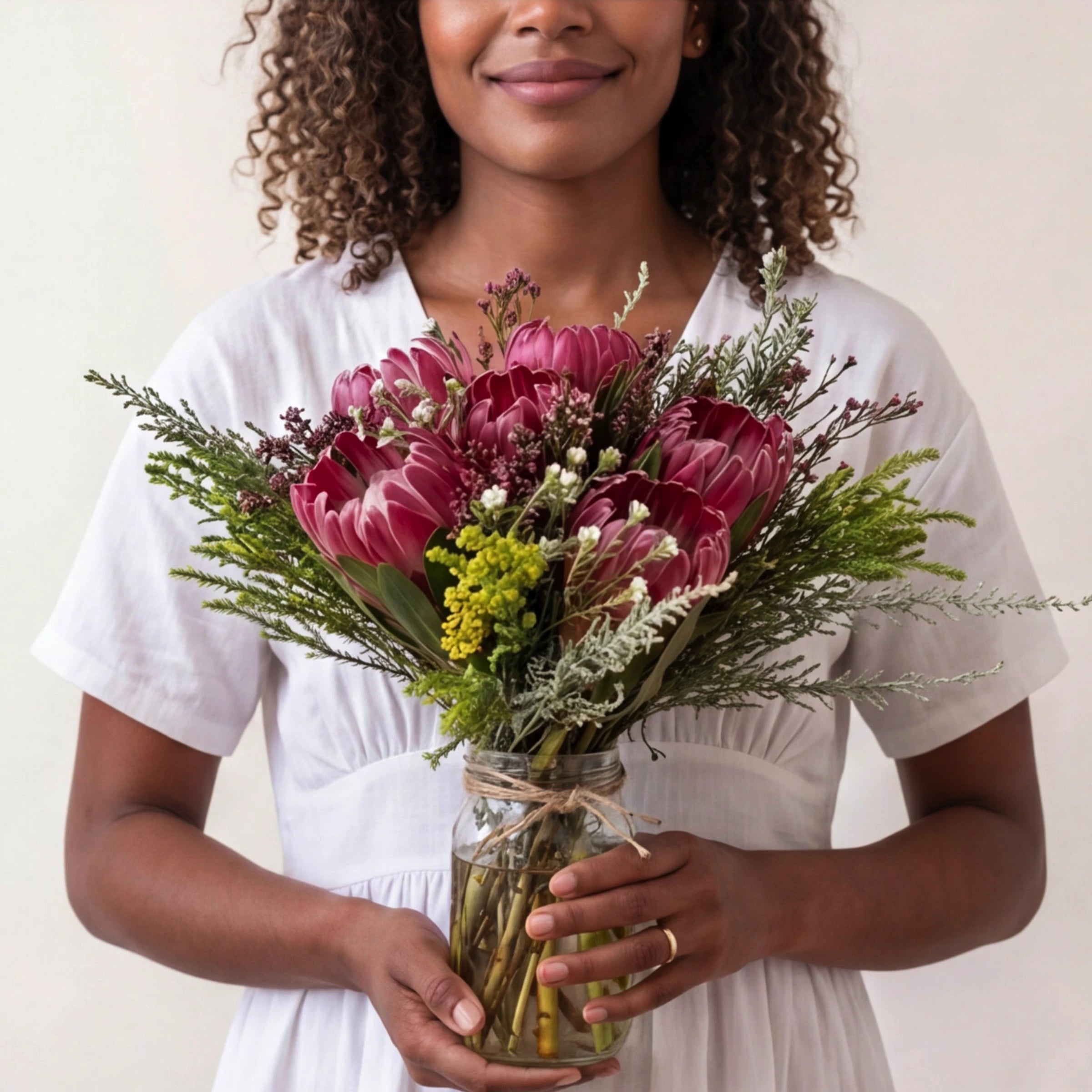 Woman smiling holding Proteas in a Jar from Fabulous Flowers South Africa, Pink Ice proteas, pink fynbos, solidago and Cape greenery in a twine-tied glass jar, hand-styled at the Claremont studio for same-day Cape Town delivery