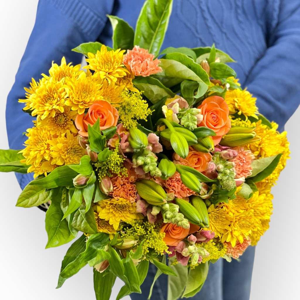 Elegant Pumpkin Spice Floral Arrangement for Him with chrysanthemums, roses and lilies - Fabulous Flowers and Gifts