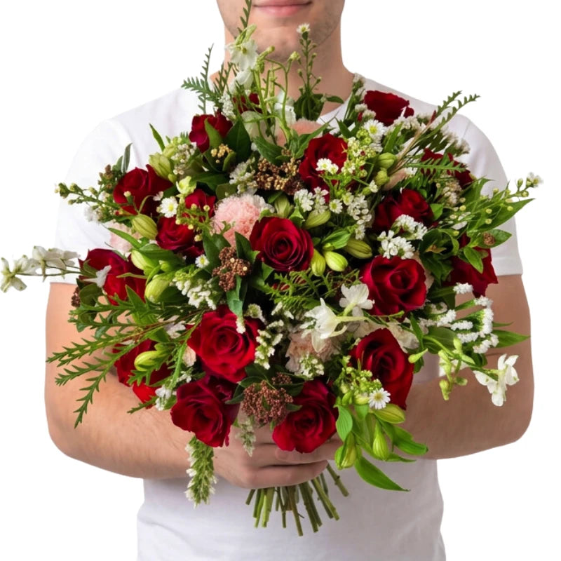Quiet Devotion romantic flower bouquet of red roses, pink carnations and white asters, Fabulous Flowers Cape Town