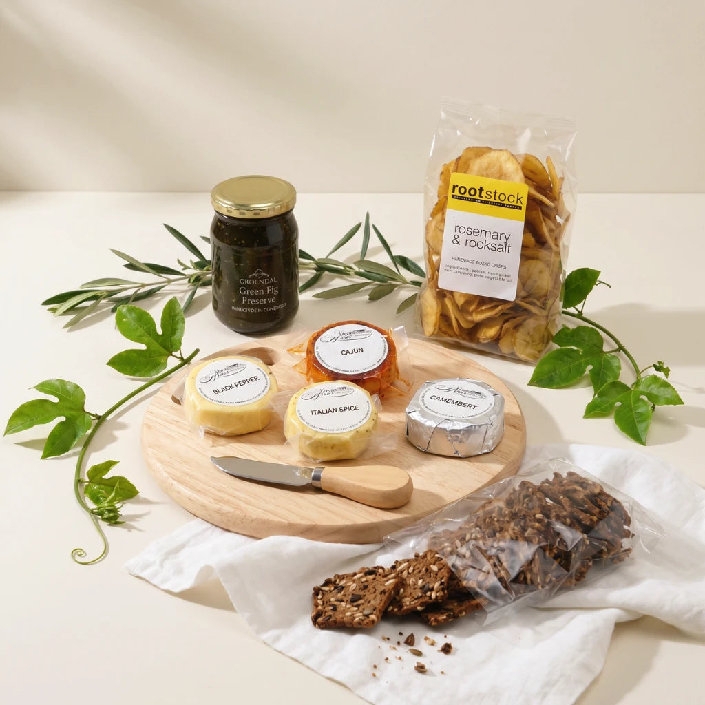 Ready to Share Picnic Basket with Stonehouse cheese wheels, Karoo crackers, Rootstock chips, fig preserve and wooden board, Fabulous Flowers and Gifts