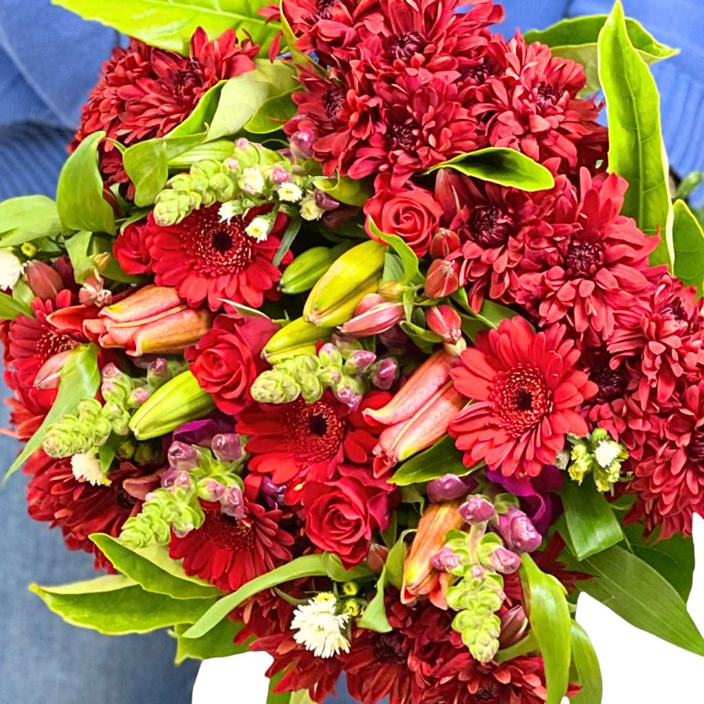Bouquet of red flowers with green leaves against a blue background