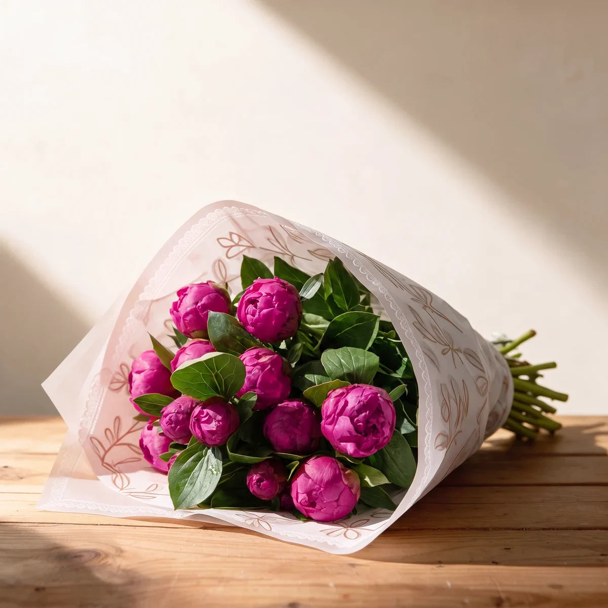 Ten Red Sarah Bernhardt peonies in deep magenta bud, wrapped in white paper with a gold leaf print and lying on a pine table in afternoon sunlight, Fabulous Flowers South Africa