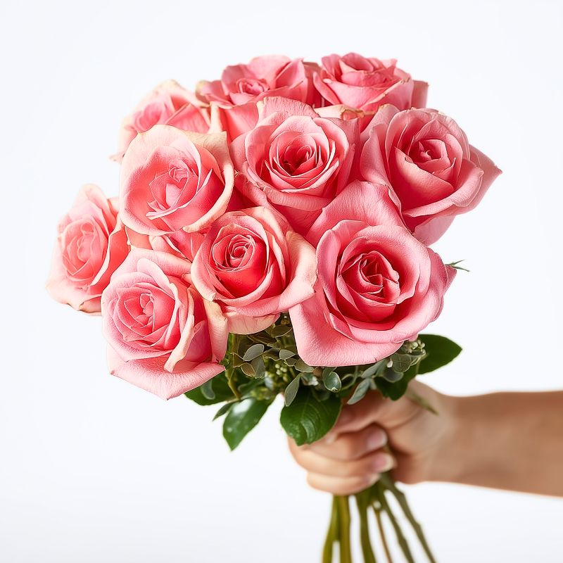 Rose Promise bouquet — 10 pink roses with fresh greenery, held in hand on a white background — Fabulous Flowers & Gifts, Cape Town.