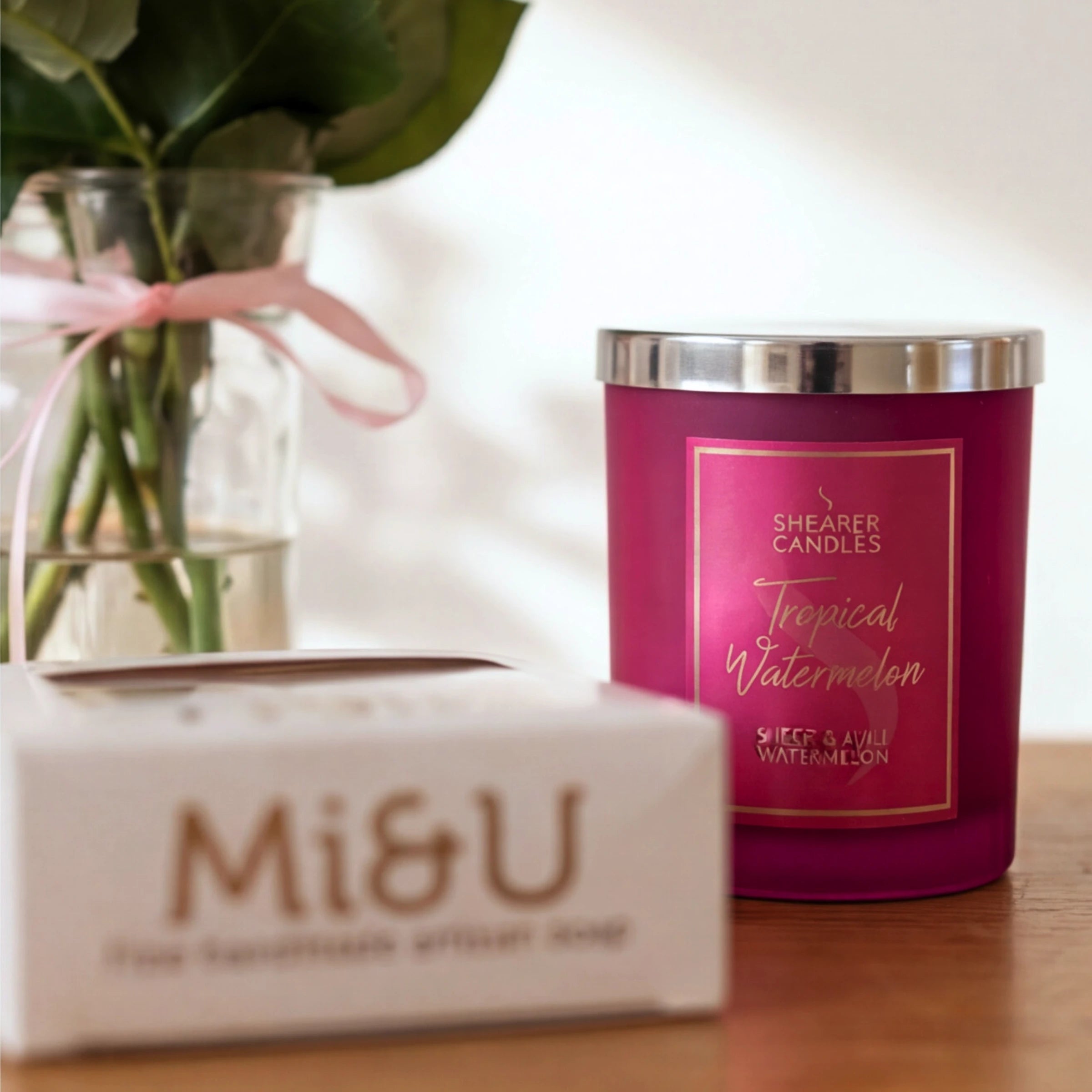 The Mi&U Amber & Bloom soap and Shearer Tropical Watermelon candle in the Rose & Ember gift set