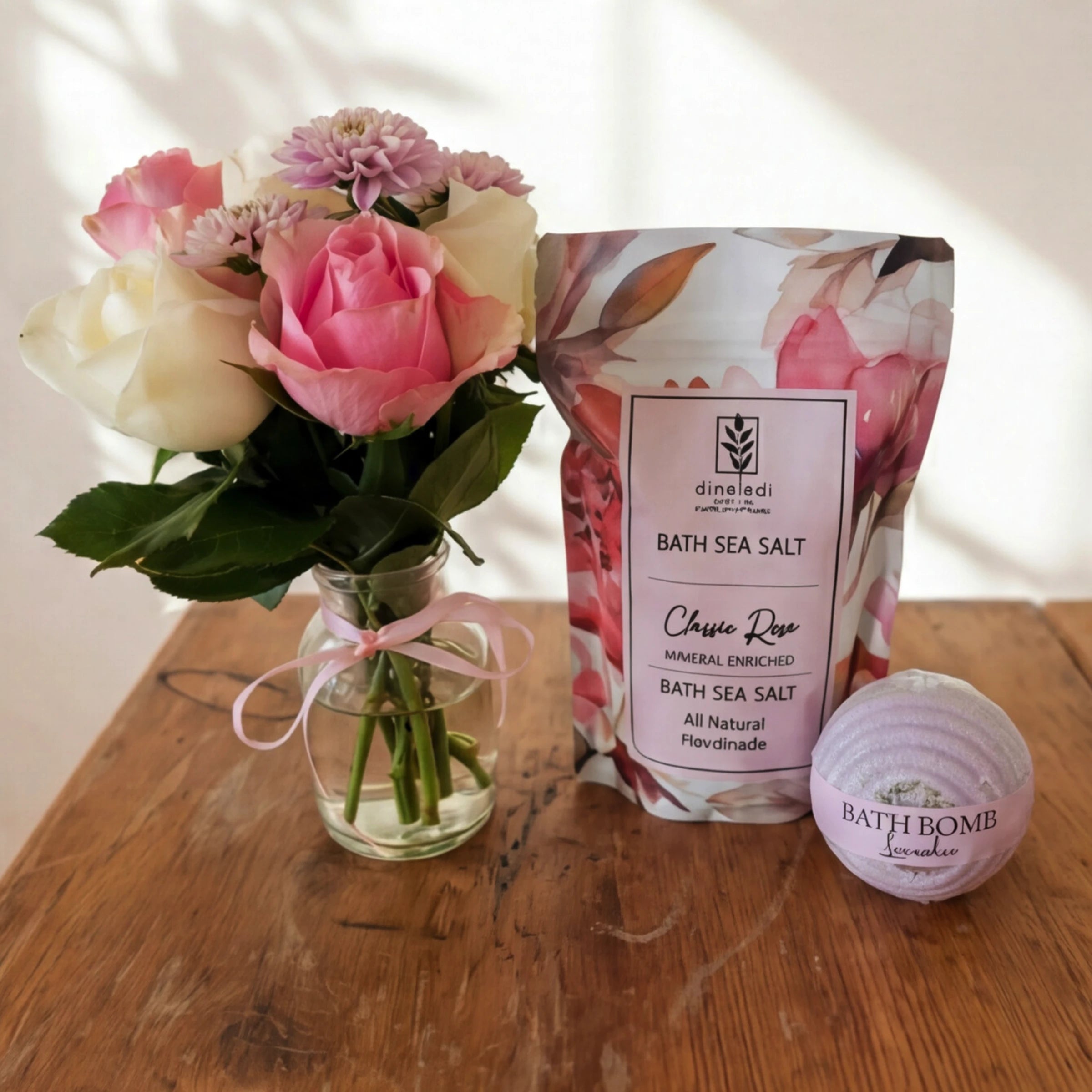 Rose & Repose spa gift set in soft light, rose posy, rose bath salt pouch and lavender bath bomb
