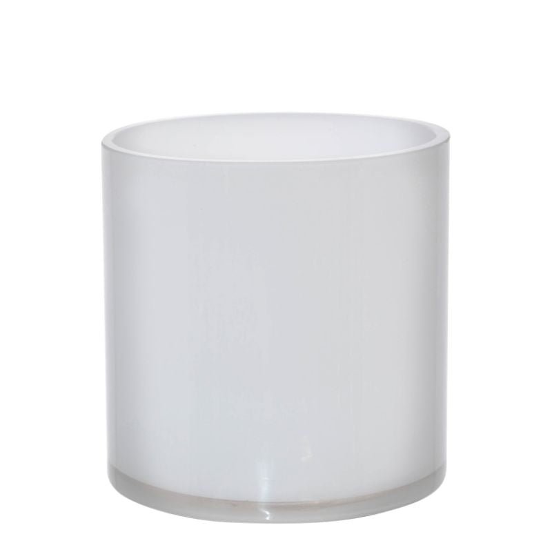 White cylindrical glass vase on a white background