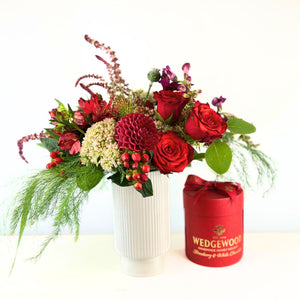 Romantic red floral gift with hypericum berries, roses and dahlias with Wedgewood Nougat | Fabulous Flowers and Gifts