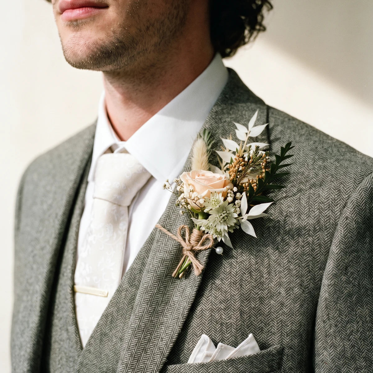 Man in a grey herringbone tweed suit wearing a rustic peach rose boutonniere, Fabulous Flowers South Africa
