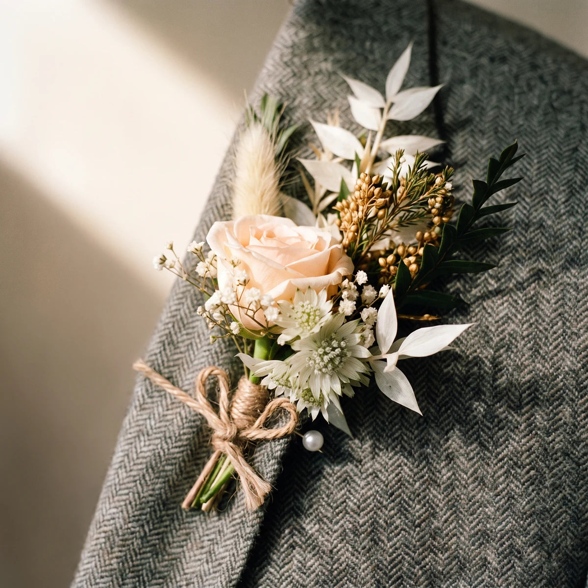Close-up of a peach rose, astrantia and bunny tail buttonhole tied with jute on tweed, Fabulous Flowers South Africa