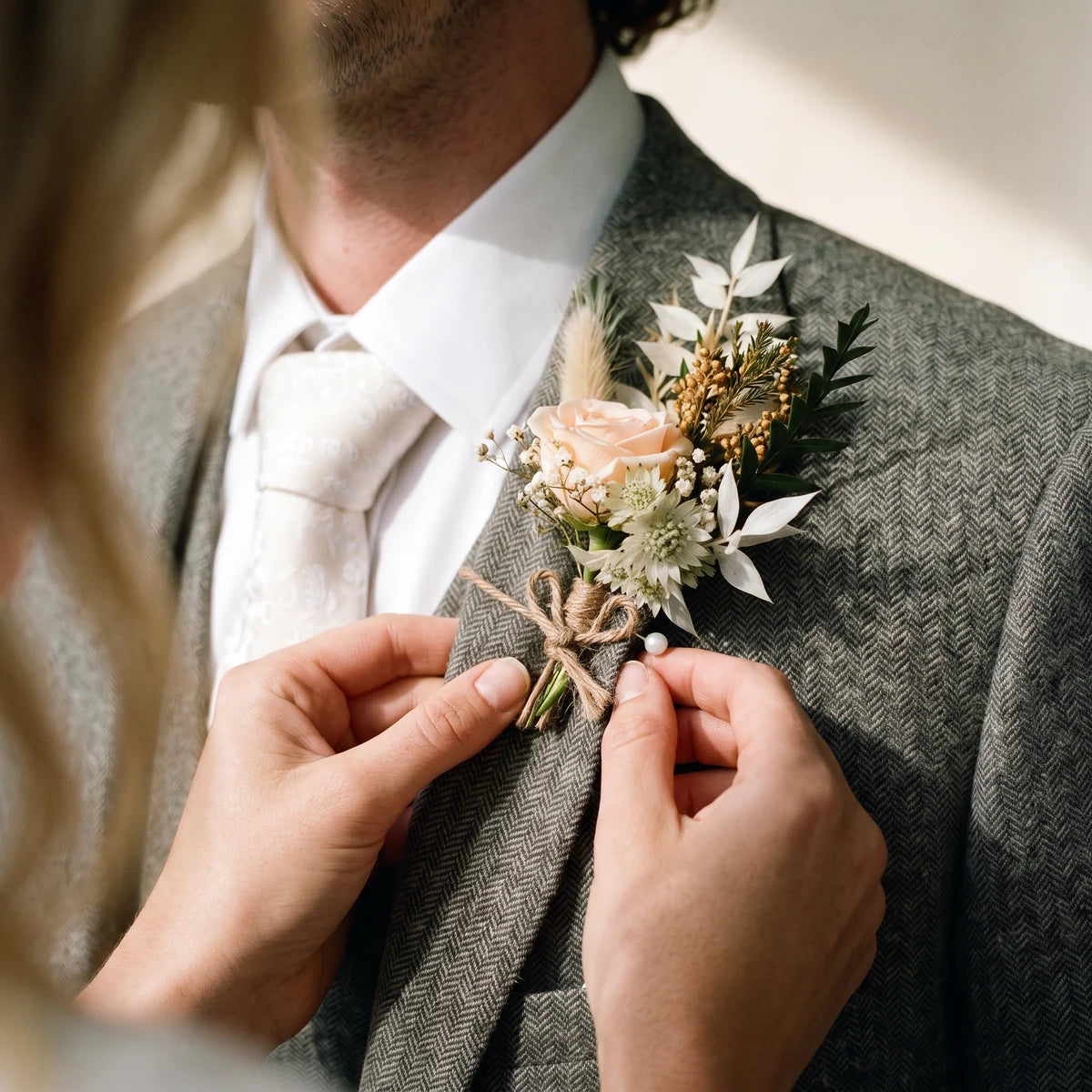 Hands pinning a rustic peach rose boutonniere onto a tweed lapel, Fabulous Flowers South Africa