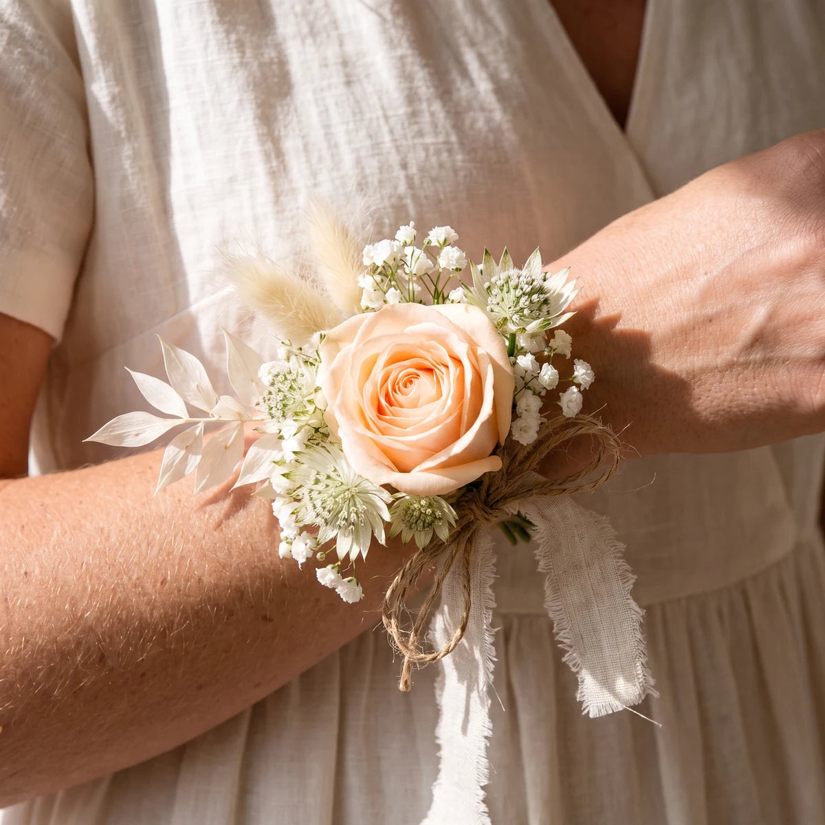 Close-up of a peach rose, astrantia and bunny tail wrist corsage tied with jute, Fabulous Flowers South Africa