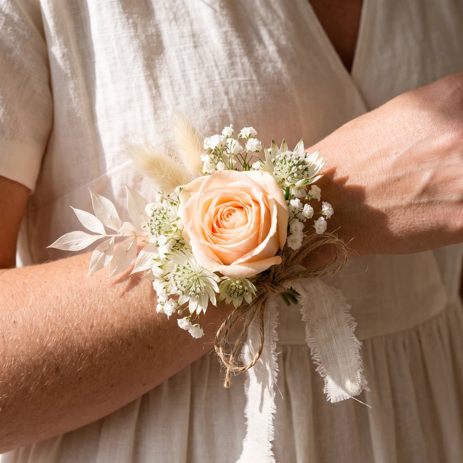Close-up of a peach rose, astrantia and bunny tail wrist corsage tied with jute, Fabulous Flowers South Africa