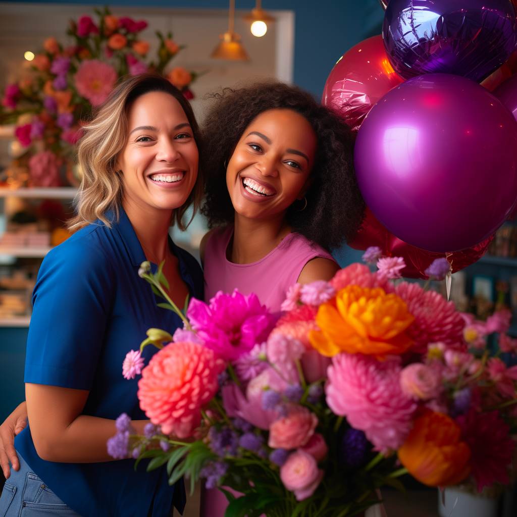 Birthday flowers and gifts for celebrations. Two florists with a bouquet and balloons smiling at Fabulous Flowers.