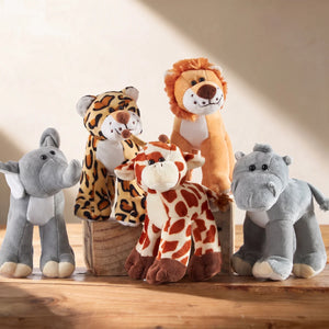 Five plush safari soft toys, an elephant, leopard, lion, giraffe and hippo, grouped on a pine table, Fabulous Flowers South Africa
