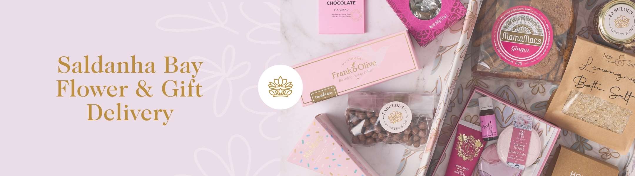 A collection of curated gifts including chocolates, cookies, bath salts, and other treats. Text reads 'Saldanha Flower & Gift Delivery' with a floral crown logo.