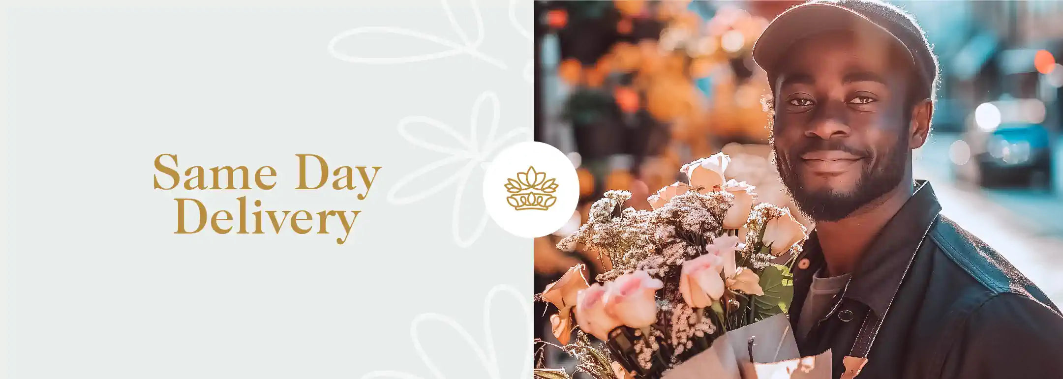 A man holding a bouquet of flowers and smiling in an outdoor setting. Fabulous Flowers and Gifts - Same Day Delivery