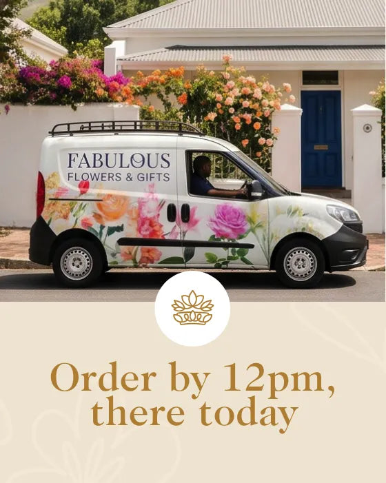 Floral delivery van with 'Fabulous Flowers & Gifts' branding in front of a house with flowers.