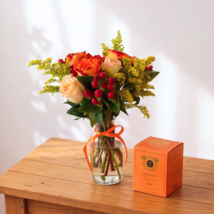 Savanna & Sun gift set for women with a posy in a glass vase and boxed Cape Island Safari Days candle