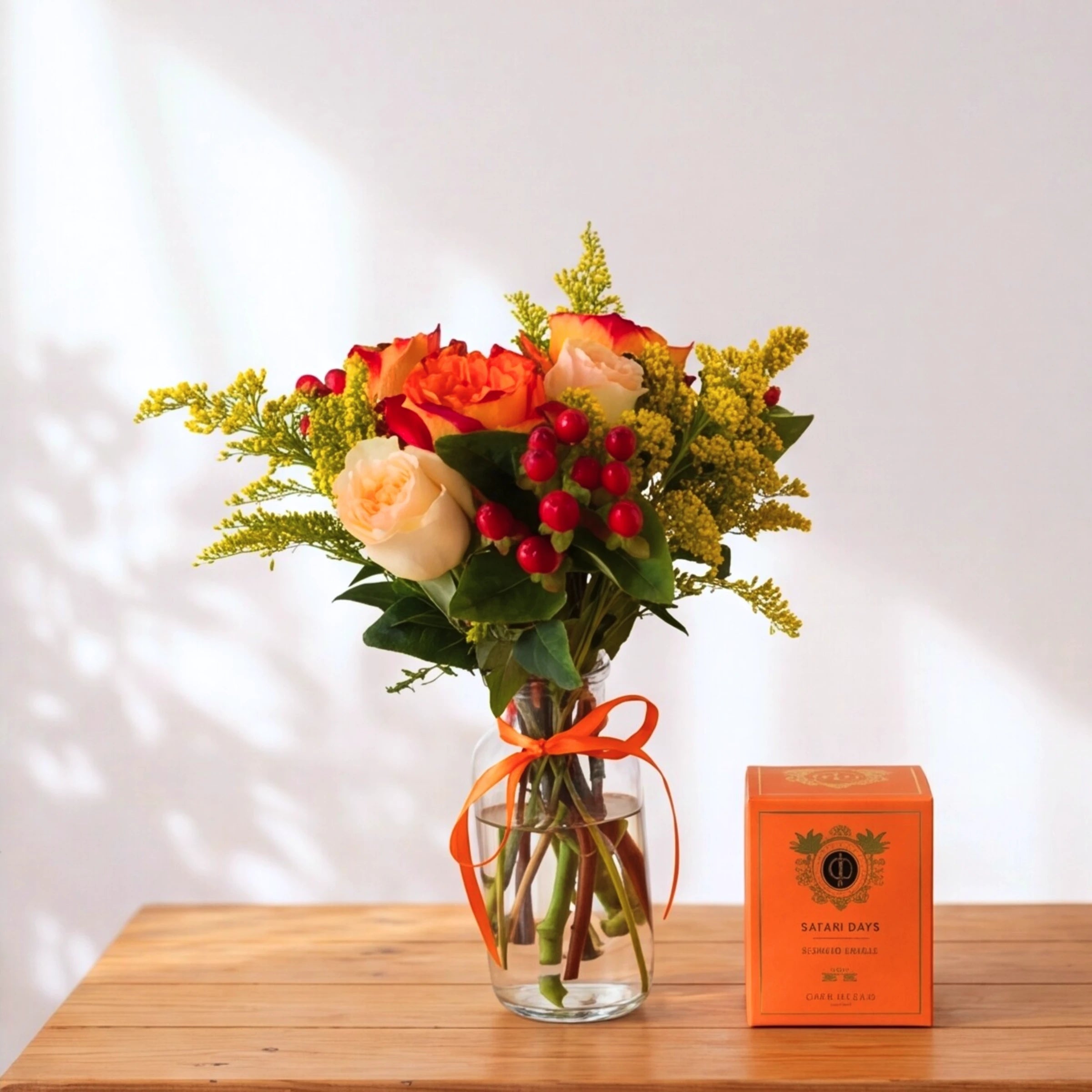 Savanna & Sun gift set with orange and cream roses in a vase beside a Cape Island Safari Days scented candle box