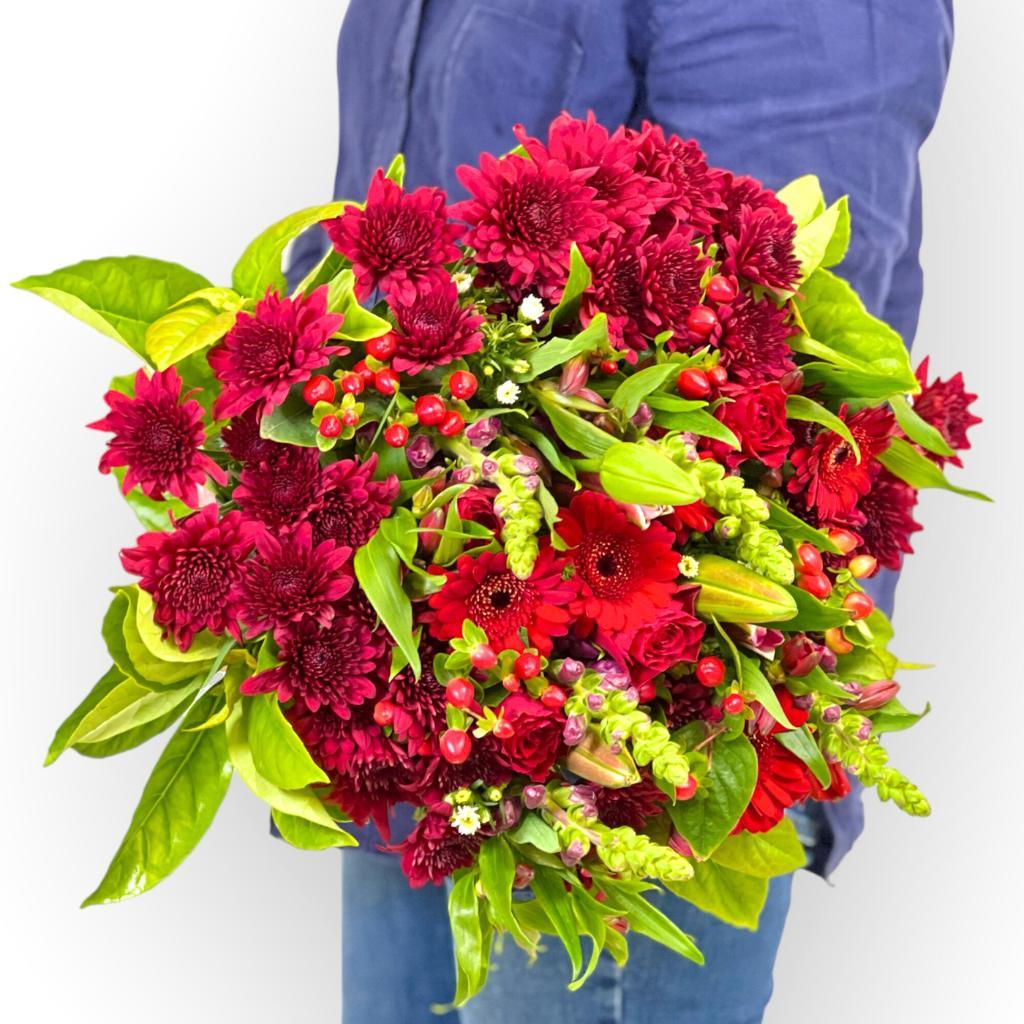 Bouquet of red flowers including hypericum, chrysanthemums, gerberas, roses, lilies and maroon snapdragons - Fabulous Flowers Cape Town Delivery