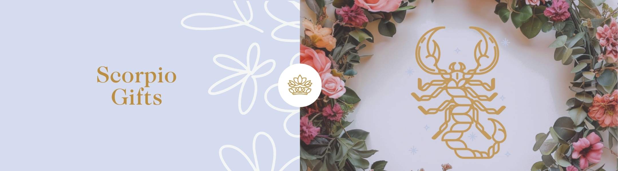 Scorpio Gifts with gold scorpion illustration surrounded by a floral wreath, ideal for zodiac-themed gifting.