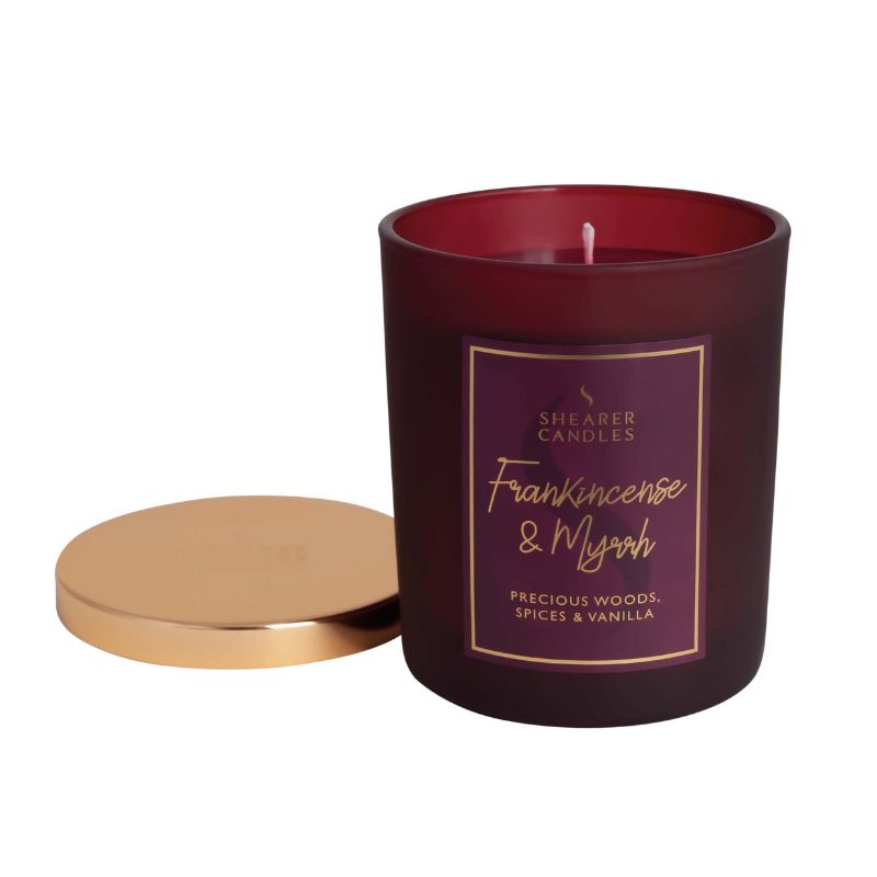 Shearer Candles Frankincense & Myrrh candle with a gold lid on a white background
