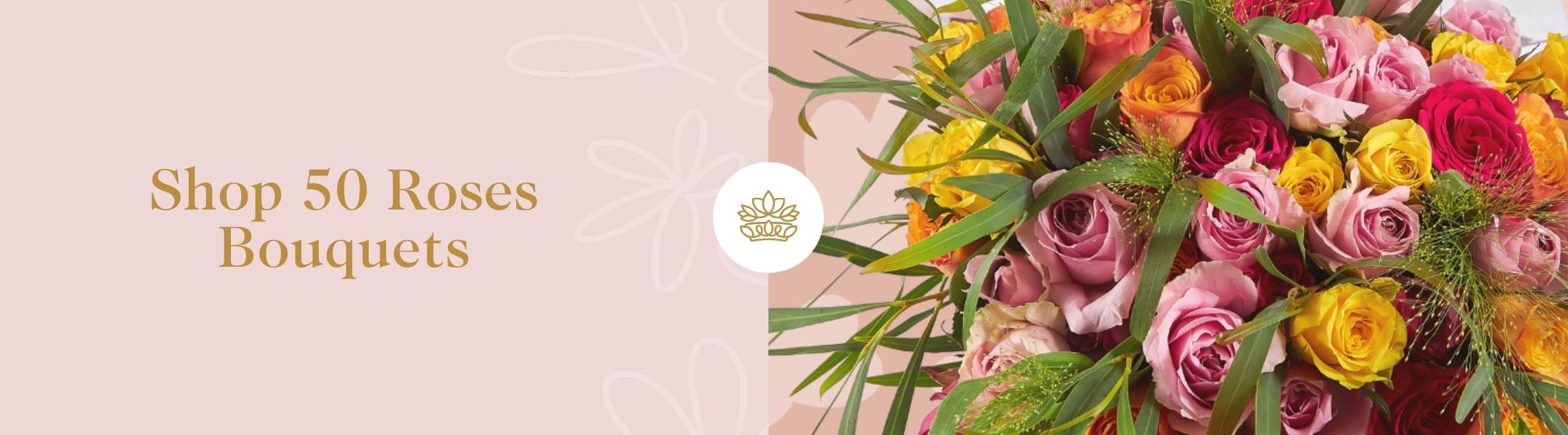 Shop 50 Roses Bouquets with a vibrant mix of pink, red, yellow and orange roses, lush greenery – Fabulous Flowers and Gifts
