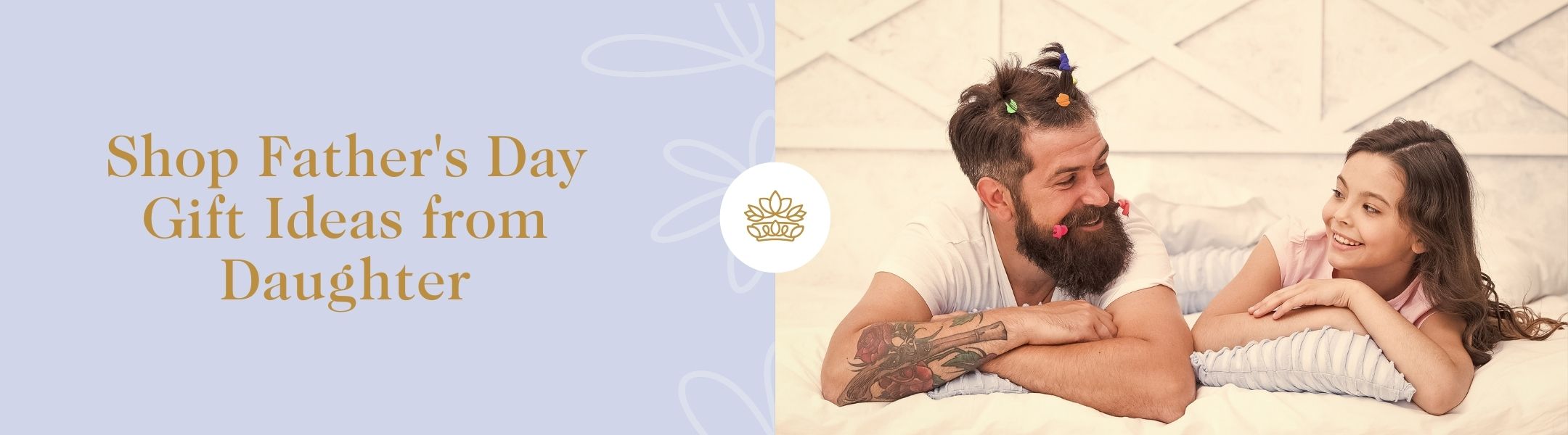 Shop Father's Day Gift Ideas from Daughter - Fabulous Flowers and Gifts banner with smiling daughter styling her father’s hair playfully indoors.